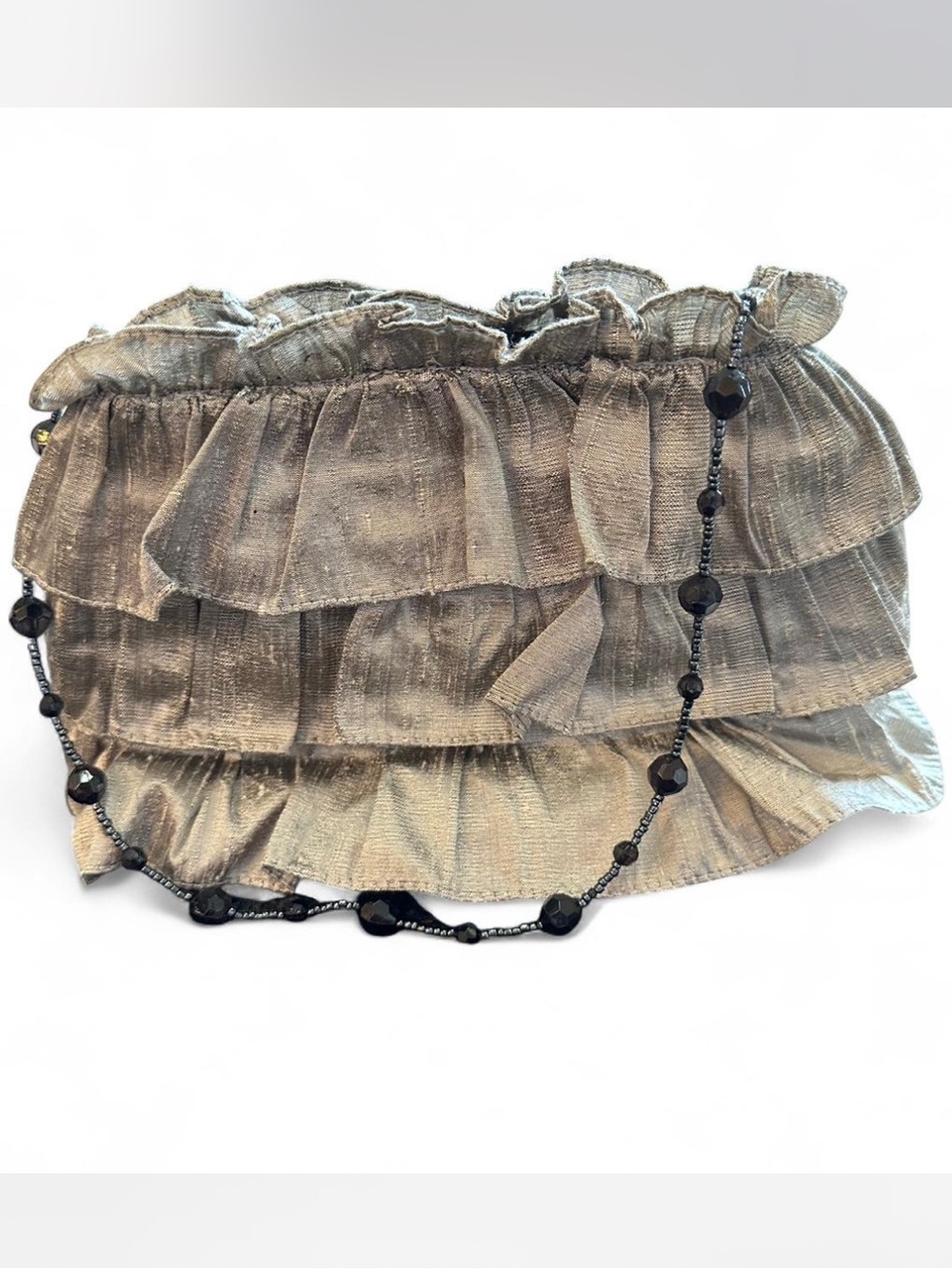 RACHEL & CO Metallic Silver Satin Ruffle Bag Black Beaded Strap & Magnetic Close